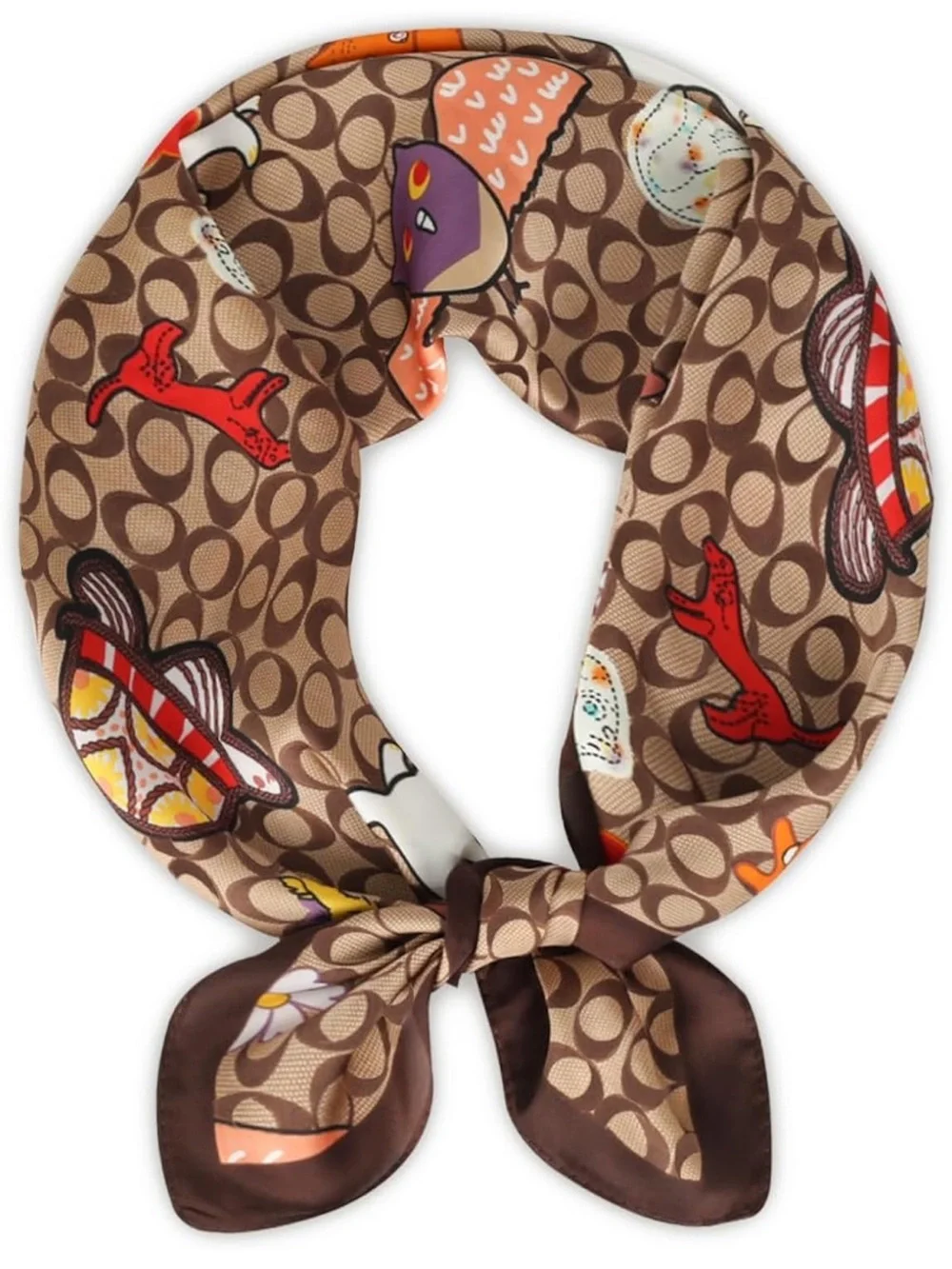 Designer Brown Patterned Silk Scarf with Multicolor Accents nwt 27” x 27”